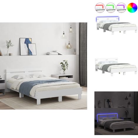 Bettgestell mit Kopfteil LED-Beleuchtung Weiß 135x190 cm - Bettsystem - Holzbettfundament - Doppelbett - Boxspringbett - LED Beleuchtung (1/5)