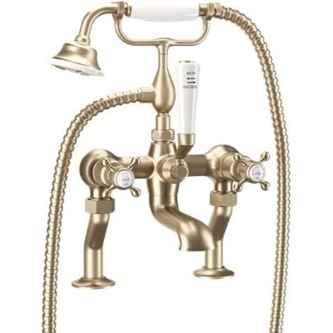Robinet de baignoire Crosswater Belgravia - sur pied - 2 trous - ensemble de douchette - poignée croix - laiton brossé