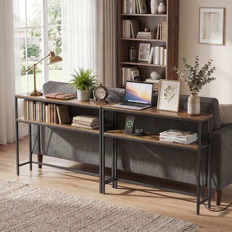 Table Console avec Prise, Meuble de Couloir à 2 Étagères, Table pour Salon, 20 x 100 x 80 cm, Marron et Noir (1/4)