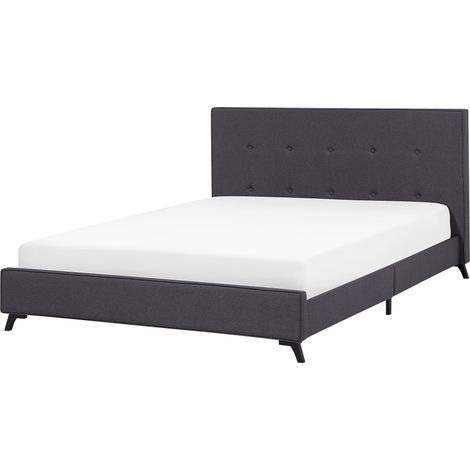Cama con somier de poliéster gris oscuro negro 160 x 200 cm cabecero acolchado somier patas madera caucho Ambassador