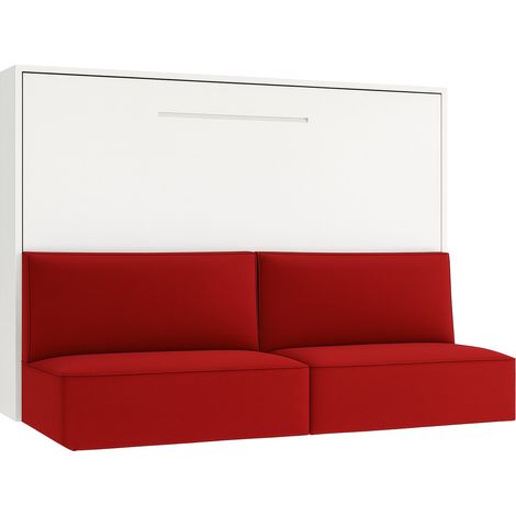 Lit escamotable horizontal avec banquette & coffres LOGIA Rouge-160x200-Canapé Rouge-Structure Blanche (1/5)