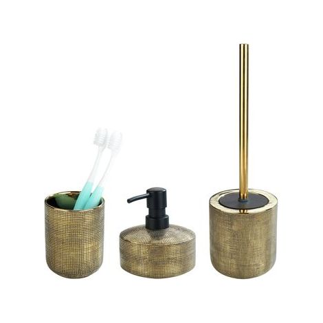 Wenko – Set d'accessoires salle de bain 3 pièces – Distributeur de savon céramique or brillant – Gobelet et porte brosse WC peints à la main