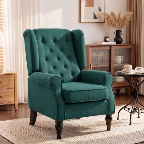 Fauteuil salon capitonné assise large pieds bois classique 74x86x102 vert confort (1/5)