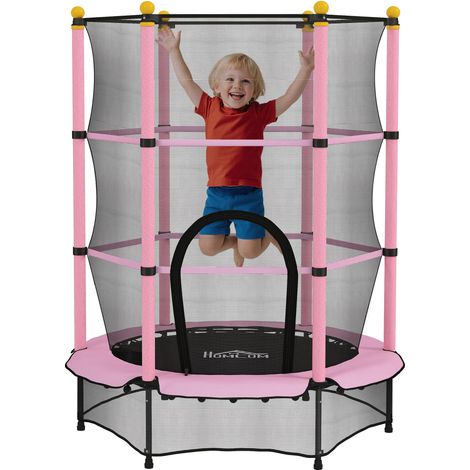 Trampoline pour enfants avec filet de sécurité et poteaux rembourrés, 3-10 ans, Ø140 x 190 cm, rose