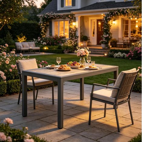 Table de jardin extérieure en acier galvanisé avec plateau effet bois 140x80 cm gris foncé (1/5)