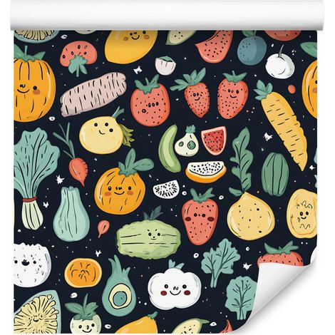 Papier peint Kawaii Légumes Bleu marine, Or et Bleu mer pour salon et chambre 50x1000 (1/4)