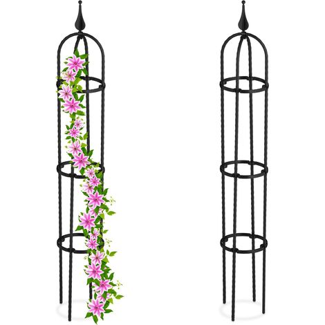 Relaxdays Obelisco Flores, Set 2, 100cm Altura, Soporte Plantas Trepadoras, de Metal, Torre para Rosales Vertical, Negro