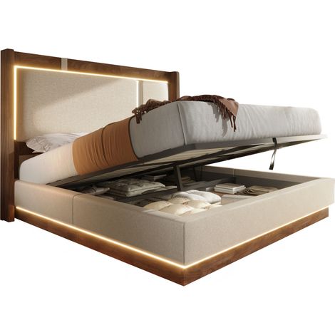 CHICFURN Cama doble 140x200 tapizada con somier, LED ambiente, canapé hidráulico con almacenaje, tela beige y madera oscura, estilo retro para dormitorio (1/5)