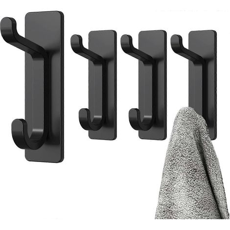 Crochet mural adhésif, porte-serviettes de salle de bain, porte-torchons de cuisine, fixation murale sans perçage, étanche, antirouille, noir, lot de 4 (1/5)