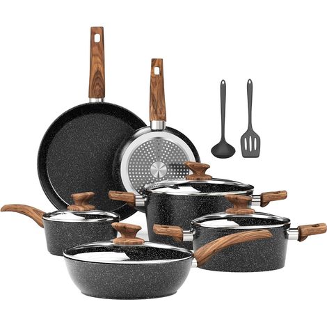 Batterie de Cuisine Induction 12 Pièces Antiadhésives Noir Granite Set de Poêles et Casseroles, Sain et Sans PFOA ni PFOS, Compatible avec Toutes les Plaques de Cuisson (1/5)