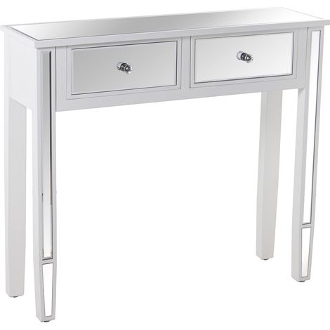 Table d'entrée avec 2 tiroirs en Bois Blanc et Miroir 90 x 25 x 80 cm, Multicolore (1/5)