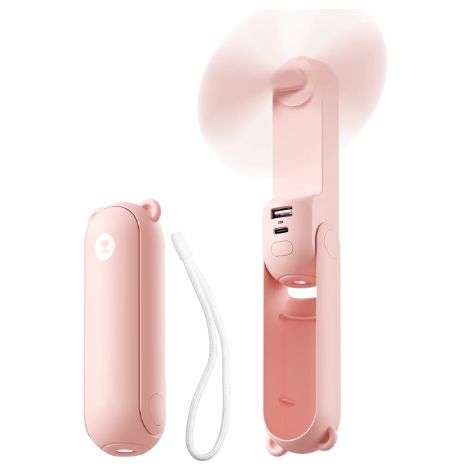Mini ventilatore portatile, ventilatore palmare ricaricabile, durata della batteria di 19 ore, con funzioni di torcia e power bank, ventilatore tascabile pieghevole 3 in 1, rosa. (1/4)