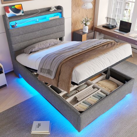 Cama Arcón 90×200 cm, Cama Individual con LED Regulable, USB, Tipo C y Estantes, sin Colchón, de Lino, Gris (1/5)