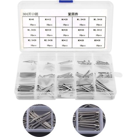 Kit 150 goupilles fendues en acier inoxydable 304, 15 tailles M1 à M3, assortiment pour fixation et bricolage (1/5)