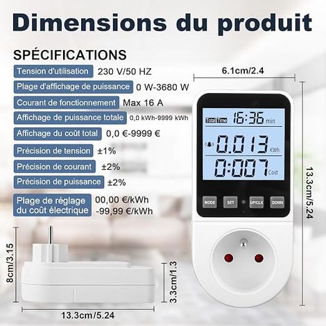 Wattmètre Prise Compteur d'Énergie Prise Consommation Electrique Wattmètre Écran LCD Mesure Consommation d'Énergie Compteur Électrique 3680W (1/3)