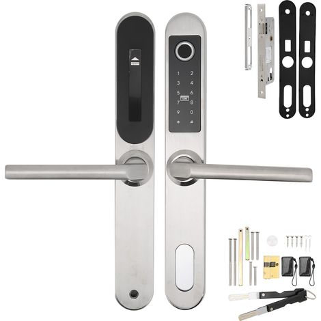 Poignée de porte ajustable avec serrure à empreinte digitale, argentée, étanche, pour appartement, villa, école, bureau (1/5)