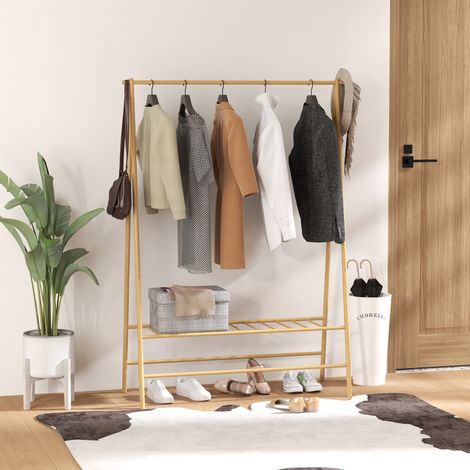 Appendiabiti in bambù con ripiano per scarpe e ganci, autoportante, per ingresso, camera da letto, legno naturale