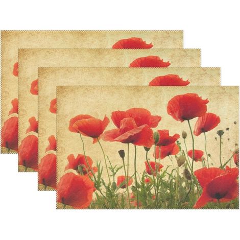 Lot de 4 sets de table vintage coquelicot style shabby chic floral 30,5 x 45,7 cm en polyester pour cuisine, salle à manger'Parent'-'Package Quantity: 4