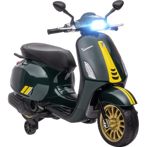 Trottinette électrique Vespa 6 V pour enfants, dimensions : 107 x 47 x 73 cm (L x l x H), port MP3, port USB, phares, 2 voies d'accès - Verte