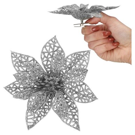 Weihnachtsstern künstliche Poinsettie mit Metallklammer Weihnachtsschmuck silberfarben