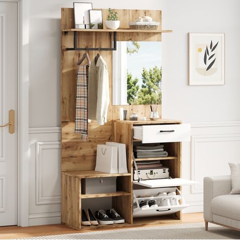 Mueble de recibidor 100 x 38,5 x 190 cm con espejo, blanco y madera HAVRYA (1/5)