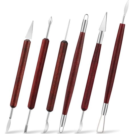 6 pcs Outils d'argile pour poterie DIY, manche en bois, outils de sculpture, céramique, kit de coupe