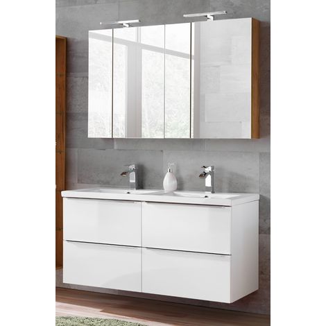 Badmöbel Set in Hochglanz weiß mit Doppel-Keramik-Waschtisch und 2 Spiegelschränken TOSKANA-56 BxHxT ca. 120/190/46cm (1/5)