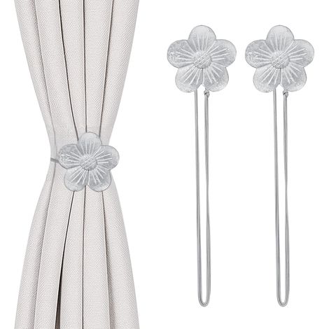 2 Pièces Attaches Rideaux Magnétiques Fleur (Argent) 5 Couleurs Disponibles Aimant Puissant et Corde Ajustable Adaptées pour Salon,Chambre et Salle de Bain (1/5)