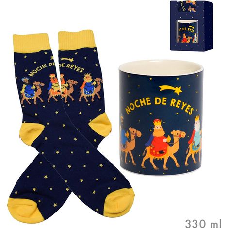 Taza con calcetines en caja de regalo modelo reyes magos, unisex, talla única adultos