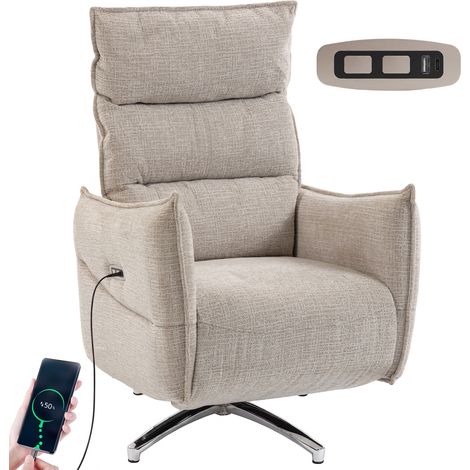 Fauteuil relax électrique pivotant pour adulte en tissu effet lin avec ports de chargement, de couleur beige.