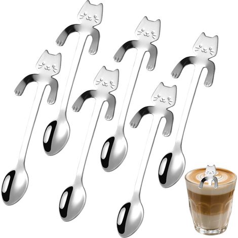 Lot de 6 Cuillères à Café Chat - Acier Inoxydable - Design Créatif Bord de Tasse - Pour Desserts et Boissons Fraîches - 11,7 cm Argent (1/5)