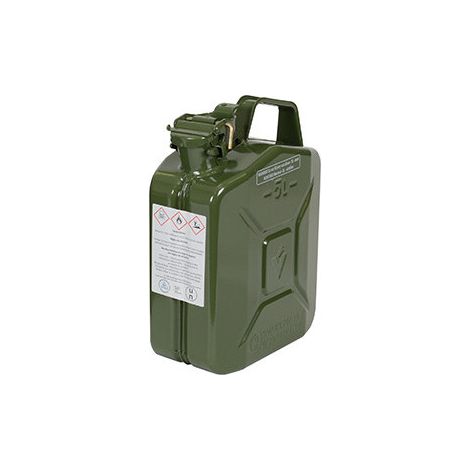 Jerrican métallique 5 litres. Peinture extérieure à la poudre couleur vert armée. Traitement intérieur antirouille et résistant