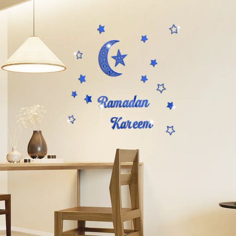 Lot de 12 stickers muraux 3D Ramadan Kareem Eid Mubarak, déco islamique argentée avec lune et étoile, autocollants en miroir pour fêtes de l'Aïd el-Fitr et l'Aïd el-Adha, ornement de mur brillant. (1/4)