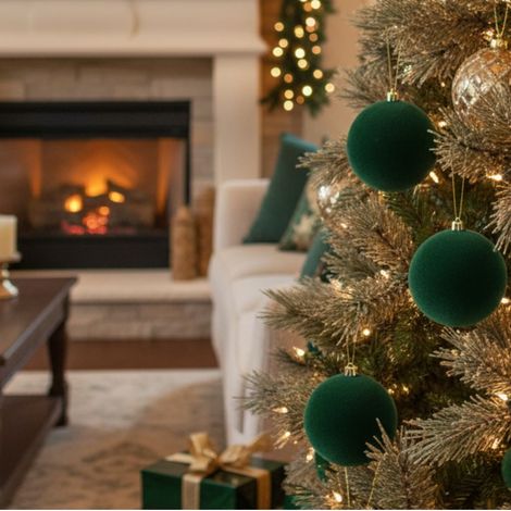 Pallina per albero di Natale in poliestere color verde pino effetto vellutato -Confezione da 12 pezzi Ø 6 cm (1/4)