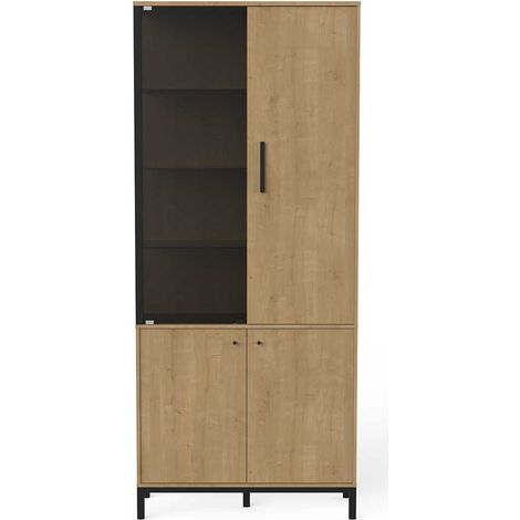 Vitrine meuble de rangement 4 portes couleur chêne / noir - Largeur 93,4 x Profondeur 39,6 x Hauteur 186,1 cm (1/5)