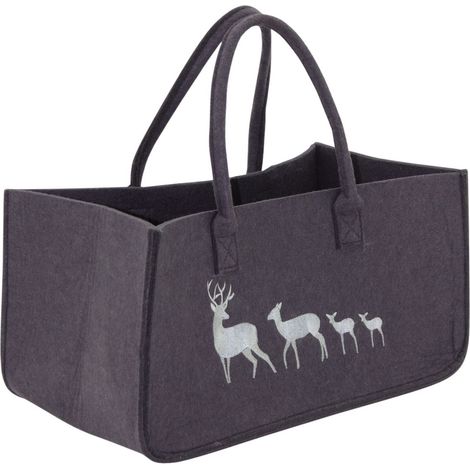 Aubry Gaspard – Sac à bûches en feutrine 50 x 25 cm – 2 anses robustes – Transport élégant pour poêle et cheminée – Motif brodé cerfs (1/3)