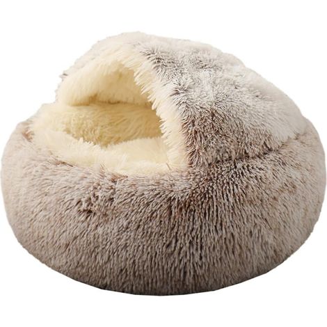 Panier rond et moelleux pour chat, avec capuche et housse en peluche non pliable rond et confortable. (1/5)
