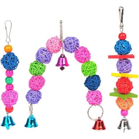 Set di tre pezzi di giocattoli per uccelli, trespolo colorato per pappagalli, accessori per gabbia, campanellino con perline, pappagallini, calopsitte, inseparabili (1/5)