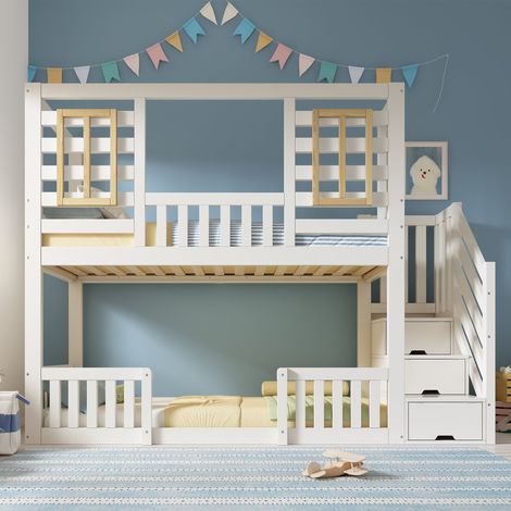 Lit superposé enfant 90x200 cm style cabane fenêtres bois escalier rangement sommier inclus norme EN 747 blanc