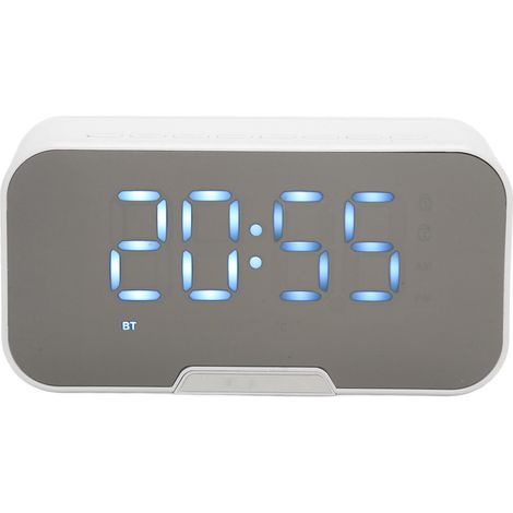Enceinte Bluetooth avec réveil numérique, affichage de la température, annonces vocales, radio FM, miroir, réveil, enceinte blanche