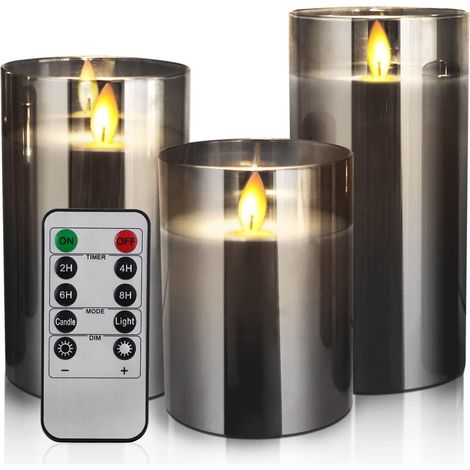 3 LED-Flammenlose Kerzen, 10-15 cm, elektrische Glassäulenkerzen, graue LED-Flackerflamme, batteriebetrieben mit Fernbedienung und Timer für Partys, Geburtstage, Hochzeiten, Tischdekoration [Energiekl