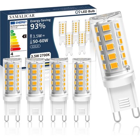 Lot de 5 Ampoules LED G9 Blanc chaud 2700K 3,5W 620lm Équivaut 60W Classe C Équivalent 60W, Classe C, Culot G9, Lumière Chaude, Basse Consommation (1/5)