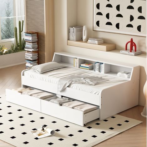 MEUBLIV Cama 90x200 cm blanca – 2 cajones y nichos de almacenamiento, sin colchón (1/5)