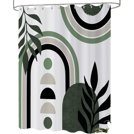 Rideau De Douche - 180x200 Cm - Polyester Imperméable - Design Géométrique Boho Vert Blanc - Avec Crochets - 1 Pièce
