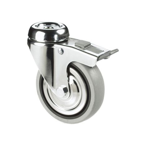 Rueda de goma gris con freno de plástico para tornillo pasante de 40 mm hasta 65 mm para pesos desde 32 kg hasta 40 kg Ø50 x 18 mm