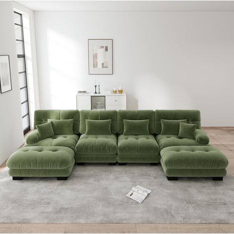 Canapé modulaire d’angle en U vert en chenille avec ottomans mobiles et coussins confort (1/5)