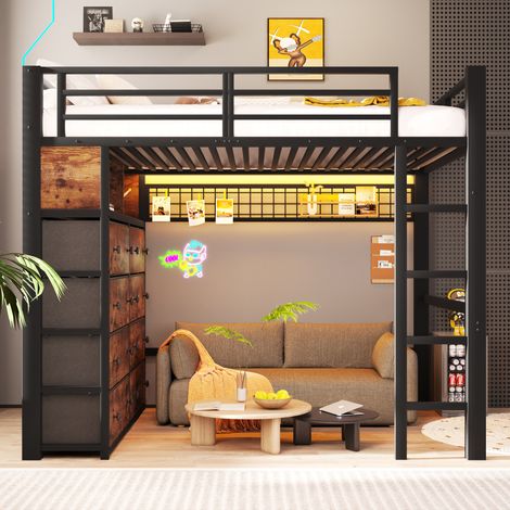 Lit mezzanine 140x200 cm avec 8 tiroirs en tissu, LED 7 couleurs, 2 étagères, panneau perforé, garde-corps, métal et MDF, noir (1/5)