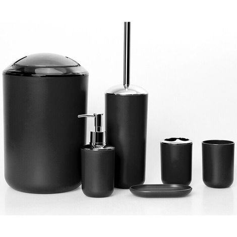 Ensemble d'accessoires de salle de bain 6 pièces avec poubelle, distributeur de savon, porte-savon, noir (1/4)