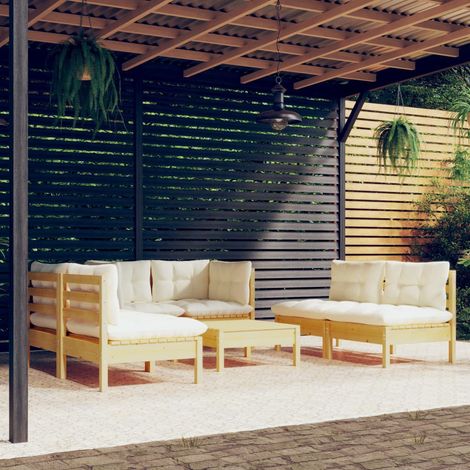 Salon de jardin 7 pcs avec coussins crème bois de pin massif (1/5)