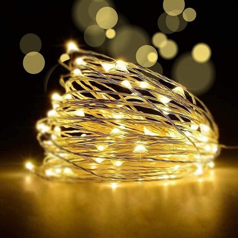 Set di 2 luci a catena, 5 m, 50 LED a batteria, luce bianca calda, classe energetica G. Due catene luminose da 5 m con 50 LED ciascuna, filo di rame flessibile, ideali per feste, uso interno ed estern (1/5)
